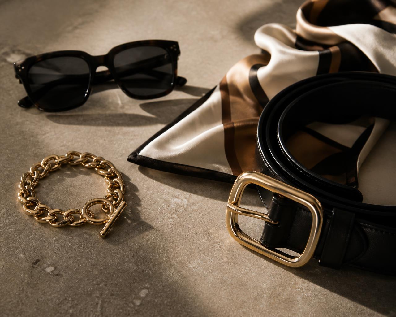 Campaign imagery: belt, sunglasses, silk scarf and chain bracelet