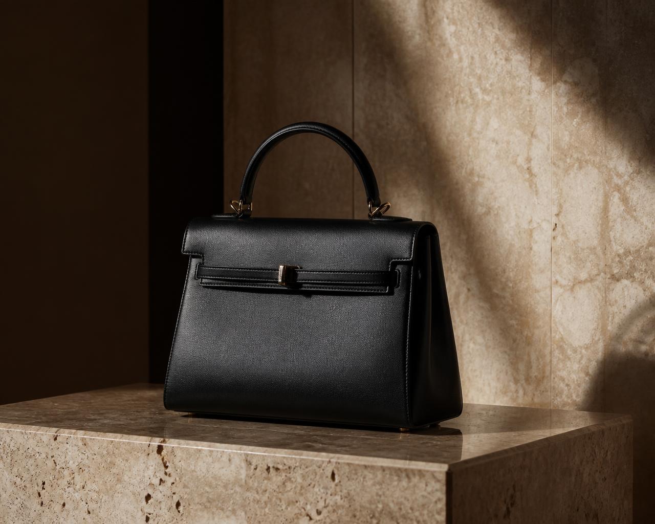 Campaign imagery: a structured black leather handbag on stone