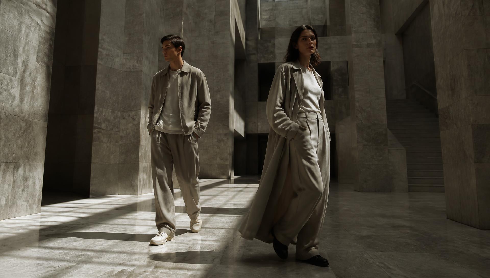 Campaign imagery: two models in a marble atrium