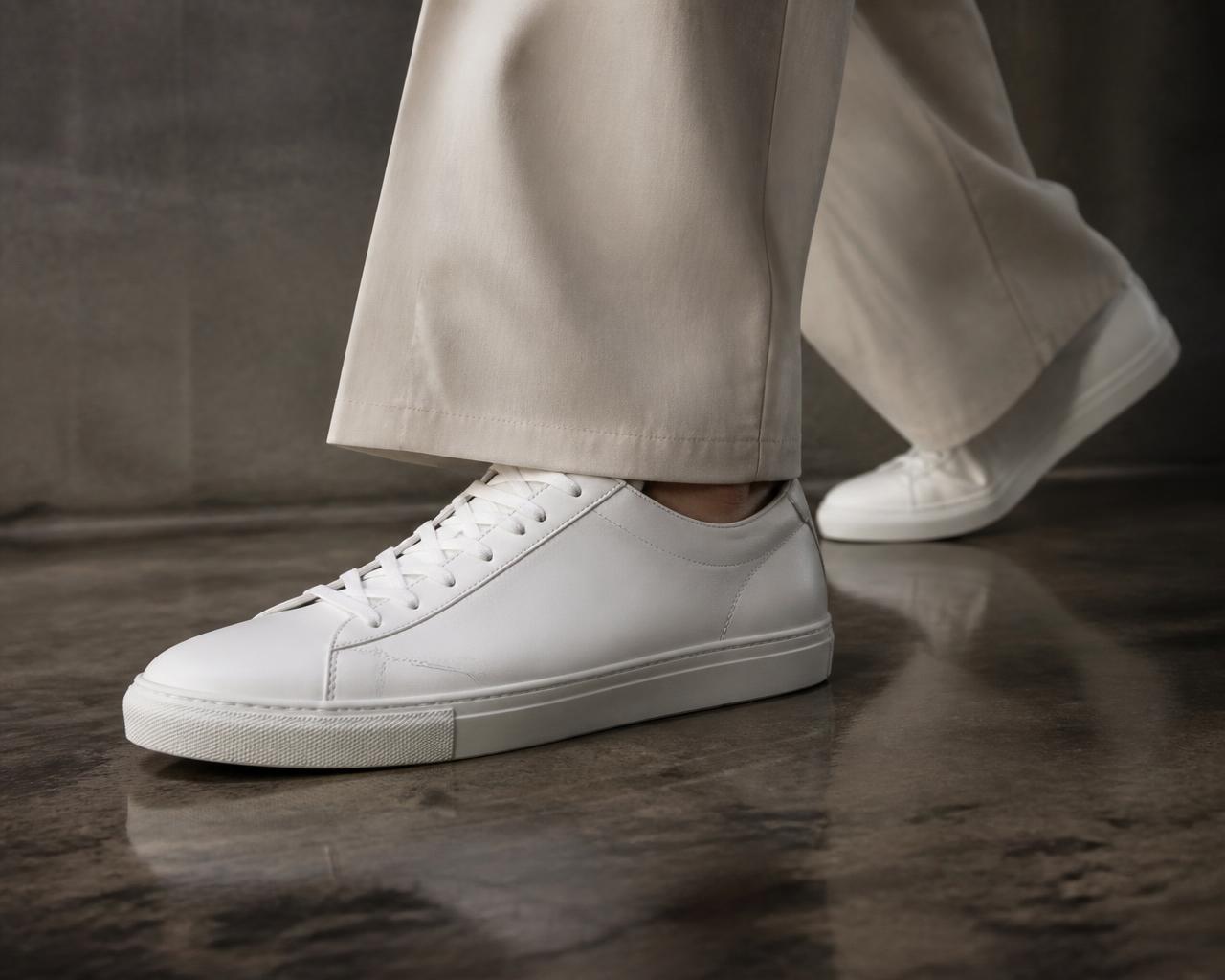 Campaign imagery: minimal white leather sneakers in motion