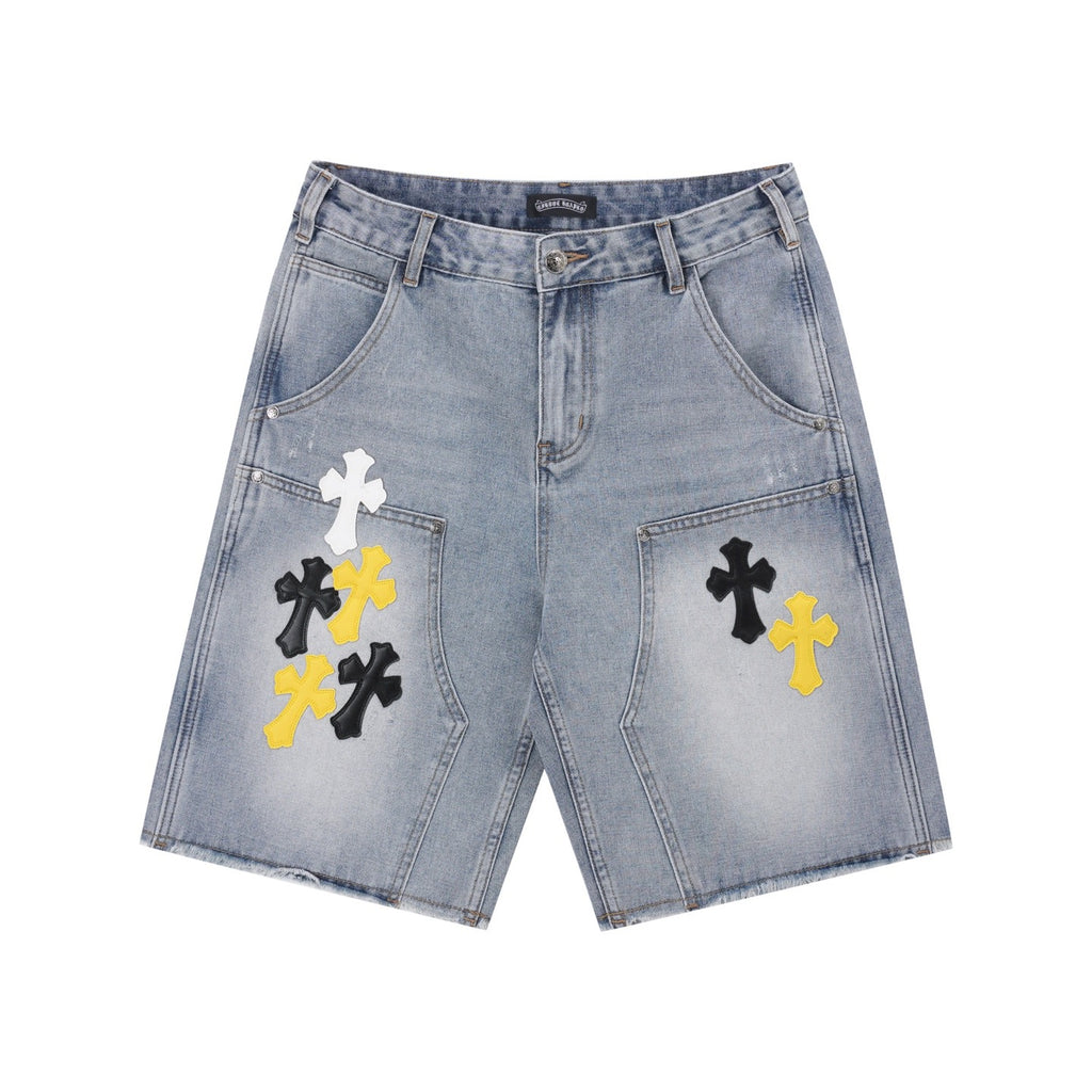 Light-Wash Denim Shorts features embroidered cross patches