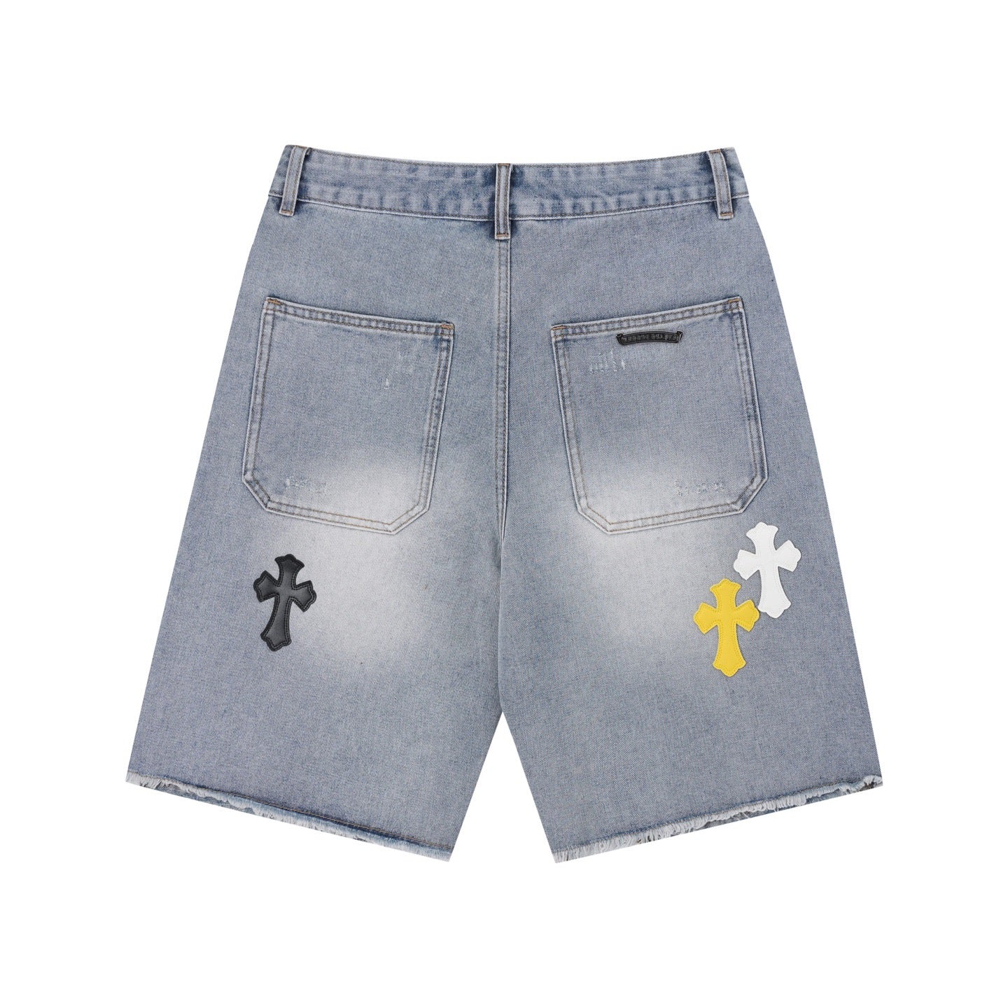 Light-Wash Denim Shorts features embroidered cross patches