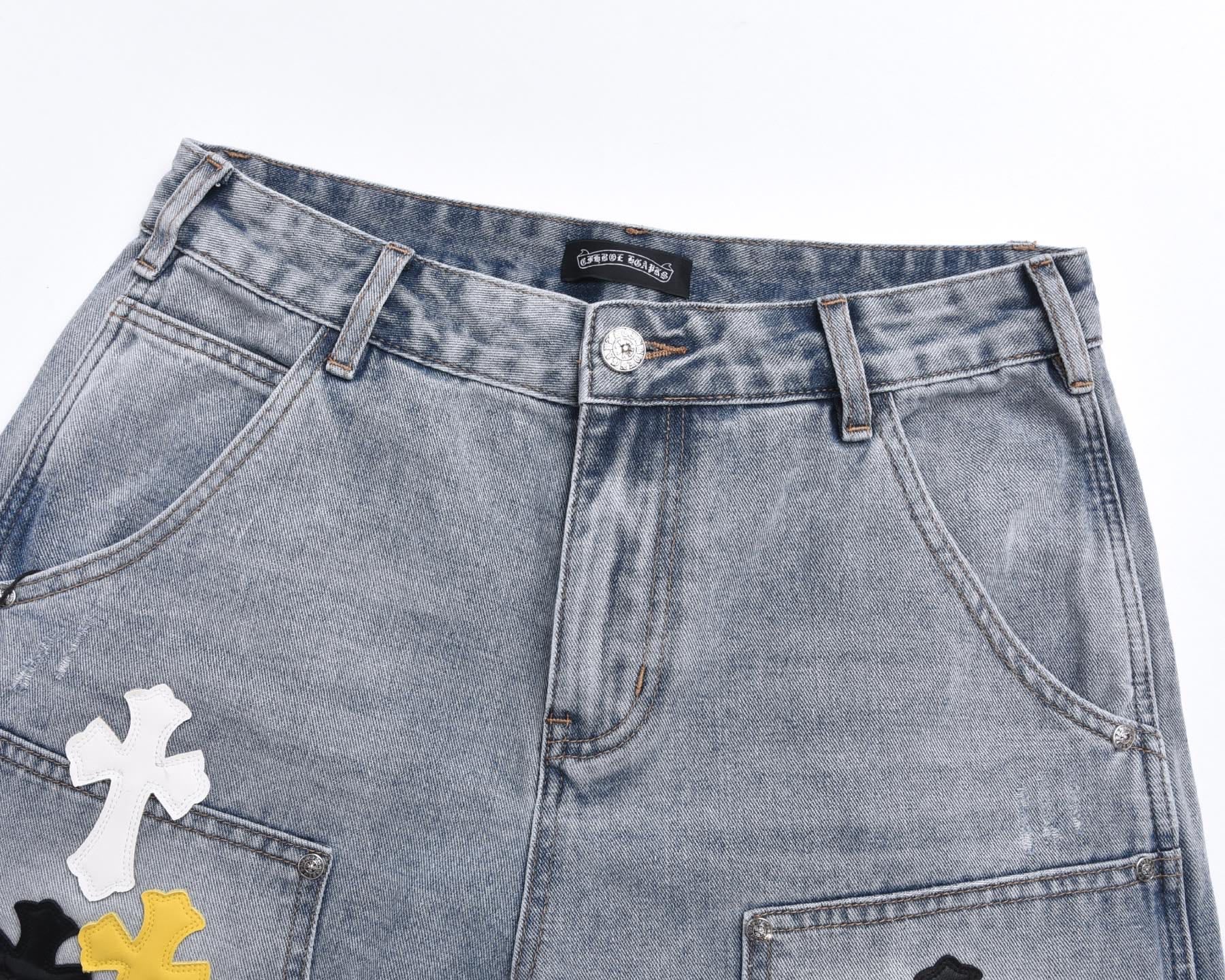Light-Wash Denim Shorts features embroidered cross patches